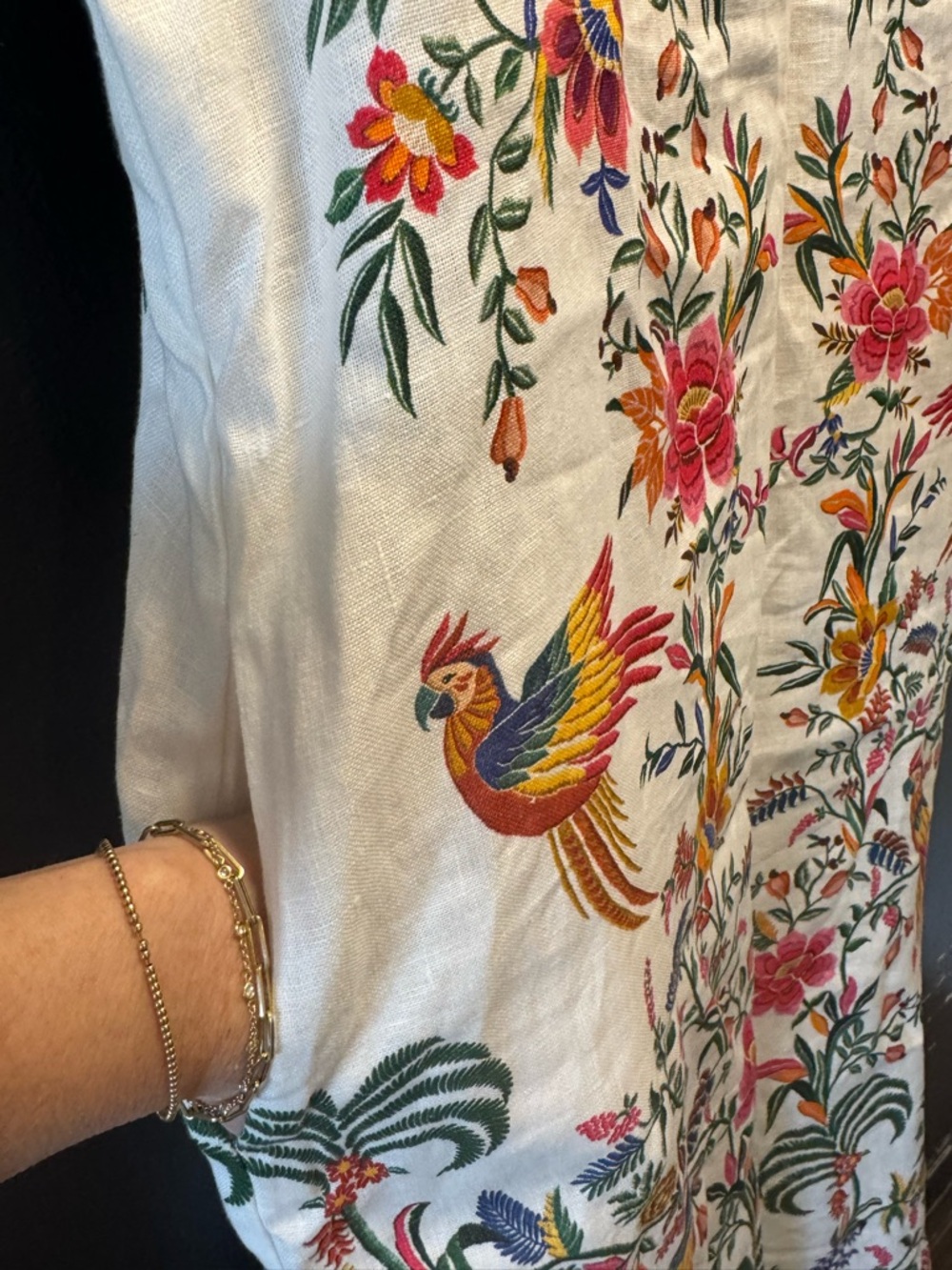 FARM Rio White Linen Maxi Dress with Bright Floral & Bird print with POCKETS L - Picture 6 of 11